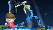 Samus Zero atacando al Aldeano con el Martillo en Super Smash Bros. for Wii U.