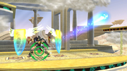 Pit Sombrío reflejando un proyectil con los Orbitales escudo en Super Smash Bros. for Wii U.