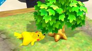 Pikachu bajo el árbol del Aldeano.