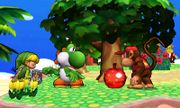 Toon Link, Yoshi y Diddy Kong junto a un árbol en la Isla Tórtimer.