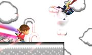 Aldeano atacando a Greninja con la Espada láser enSuper Smash Bros. for Nintendo 3DS.
