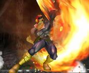 Capitán Falcon/Captain Falcon usando Salto depredador en tierra en Super Smash Bros. Melee.