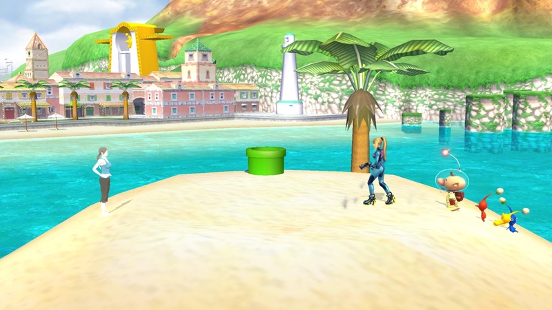 Archivo:Olimar con Samus Zero y la Entrenadora de Wii Fit en Ciudad Delfino SSB4 (Wii U).jpg