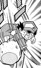 Isamu lanzando una piedra fuego en Pokémon Pocket Monsters.