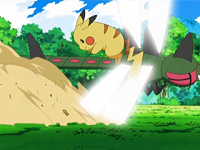 Pikachu esquivando ala de acero de Yanmega.