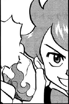 Chili/Zeo con una piedra fuego en el manga Pocket Monsters Special saga Negro y blanco.