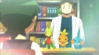 Archivo:EP879 Profesor Abedul ofreciendo Pokémon inicial a Scottie.png