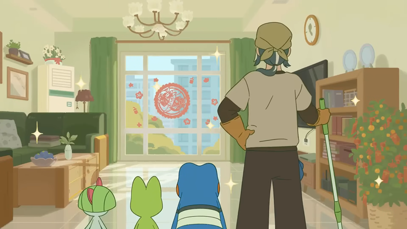 Archivo:BTS Entrenador limpiando su casa junto a sus Pokémon.png