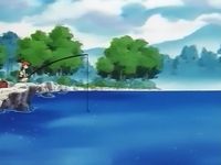 Misty pescando en un lago.
