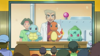 Archivo:EP778 Profesor Oak, Tracey y los Pokémon iniciales de Kanto.jpg