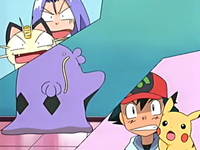Reacción de Ash, Pikachu, Meowth y James al ver a Swalot tragarse a Jessie.