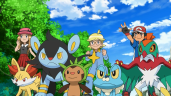 Archivo:EP853 Ash Serena y Lem con sus Pokémon.png