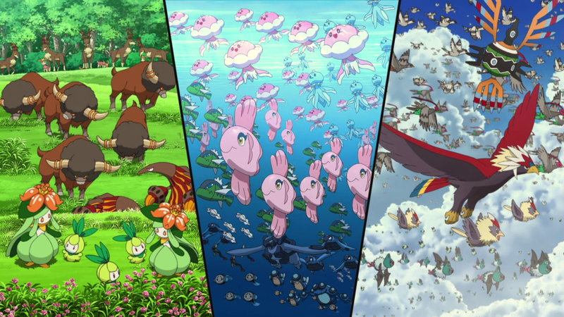 Archivo:P14 Versión Blanca Pokémon en el agua, tierra, y cielo.png