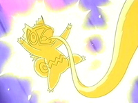 Kecleon siendo electrocutado por Pikachu.
