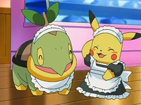 Archivo:EP531 Turtwig y Pikachu vestidos para atender en el café.png