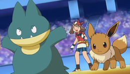 Archivo:EP458 Munchlax, May-Aura e Eevee.png
