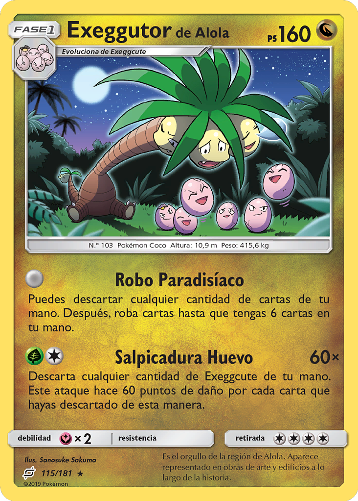 Exeggutor de Alola (Unión de Aliados 115 TCG) - WikiDex ... Su nombre proviene de las palabras en inglés executor (ejecutor) y egg (huevo).
