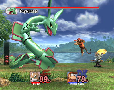 Archivo:Rayquaza luchando contra Fox y Diddy Kong SSBB.jpg
