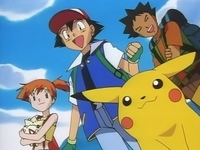 Ash, Misty, Brock, Togepi y Pikachu viajando por Kanto.