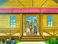 Leona y sus padres despidiéndose de Ash, Brock y Dawn/Maya.