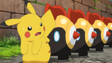 Soldados Falinks siguiendo a Pikachu como líder.