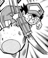 Isamu lanzando una piedra fuego en Pokémon Pocket Monsters.