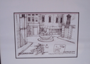 Boceto temprano del interior y mapa de la ciudad.