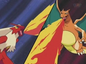 Charizard y Blaziken usando lanzallamas.