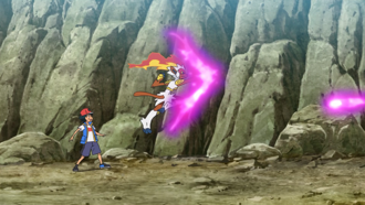 Infernape de Ash usando a bocajarro.