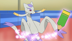Smeargle de Ilima/Liam (anime) copiando un movimiento mediante Esquema del Mienshao de Ikari.