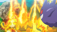 Gengar entrenando con los Pokémon de tipo fuego.