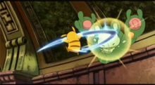 Pikachu de Ash usando cola férrea.