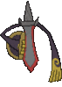 Imagen posterior de Aegislash filo variocolor en Pokémon X, Pokémon Y, Pokémon Rubí Omega, Pokémon Zafiro Alfa, Pokémon Sol, Pokémon Luna, Pokémon Ultrasol y Pokémon Ultraluna