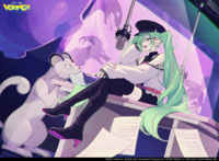 Ilustración sin filtros de Miku y Persian en una sala de grabación en PARTY ROCK ETERNITY.