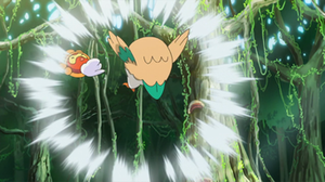 Rowlet de Ash usando Tacleada/Placaje.