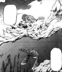 Kyogre regresando a una caverna en el fondo del mar y Groudon regresando al Monte Cenizo.