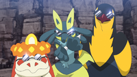 Crocalor, Lucario y Kilowattrel con gafas de sol.