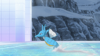 Kingdra de Levi activando Nado Rápido bajo la lluvia para volverse más rápido.