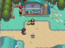 Plata espiando en la ventana del laboratorio del profesor Elm en Pokémon Oro HeartGold y Pokémon Plata SoulSilver.
