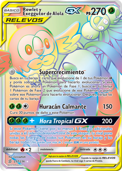 Archivo:Rowlet y Exeggutor de Alola-GX (Mentes Unidas 237 TCG).png