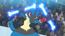 Lucario de Korrina/Corelia usando hueso veloz/ataque óseo.