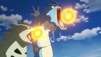 Gyarados y Tyranitar del Equipo Rocket/Team Rocket usando Hiperrayo.