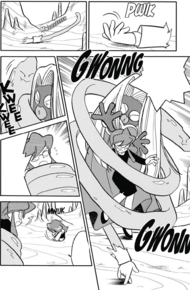 Ditty disfrazado de la mano de su entrenadora para proteger del ataque del Jynx de Lorelei.