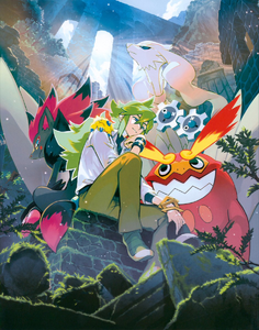 Ilustración de N y algunos de sus Pokémon.
