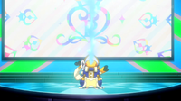 Un Pikachu aristócrata usando chuzos/lanza de hielo. Lanza al aire un haz de energía azul...