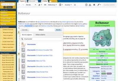 Editando el artículo Bulbasaur. Al editar un enlace permite buscar entre los artículos existentes