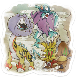 Pegatina en Pokémon HOME de Electrofuria, Ondulagua y Flamariete.