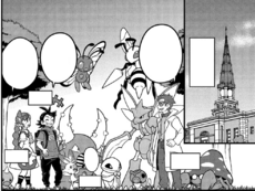 Scyther junto con los otros Pokémon de Goh en el manga.