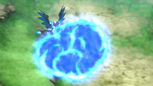 Mega-Charizard X de Alain usando lanzallamas.