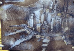 Artwork temprano de la ciudad de día.